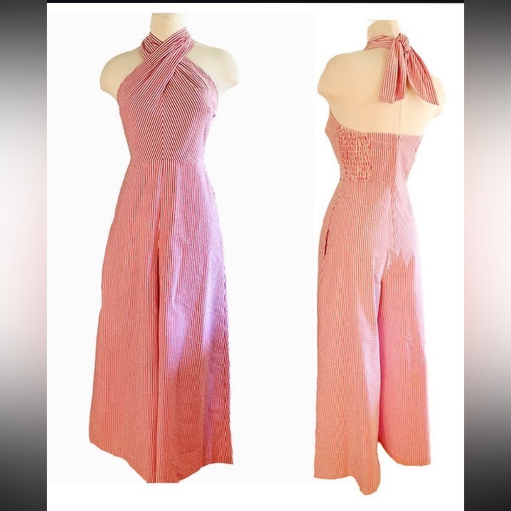 Catnip Vintage 1930s Inspired Halter Jumpsuit / Playsuit- White & Red striped
